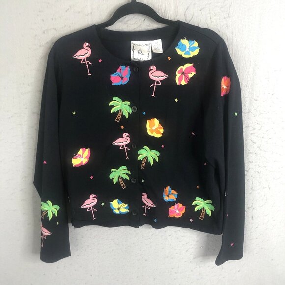 Michael Simon Sweater Womens L Flamingo Palm Tropical Floral Cardigan Resort - Picture 1 of 16